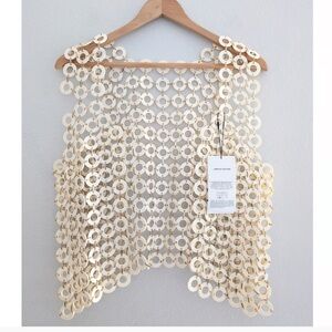 NWT Zara Women's Ivory and Gold Open Ring Vest - Medium